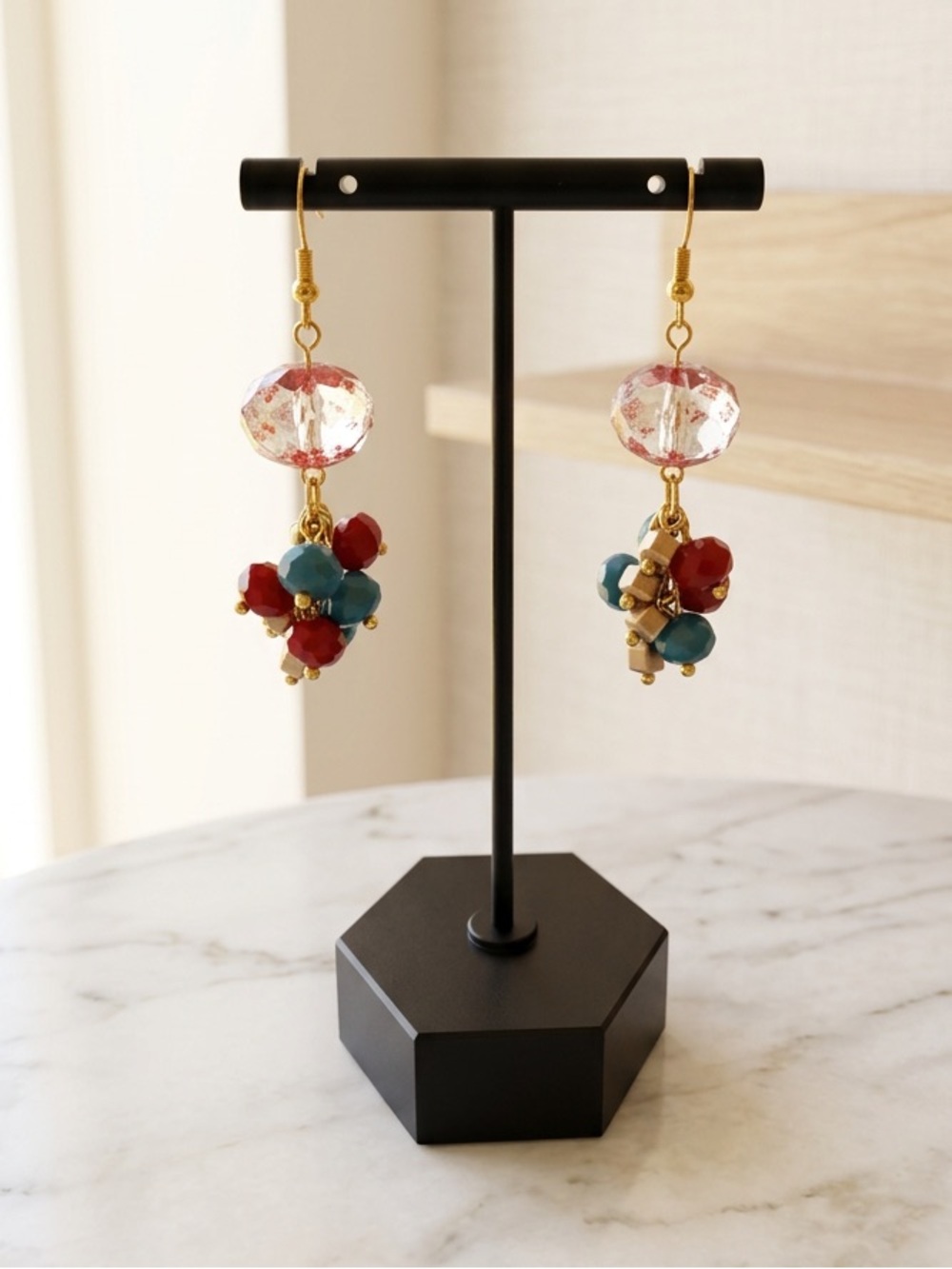 Handmade Glass Beaded Earrings & Necklace with Cloisonné Pendant & Red Tassel - Picture 4 of 7